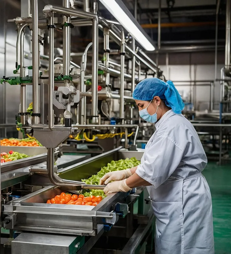 Production line worker sorting produce in a food processing facility