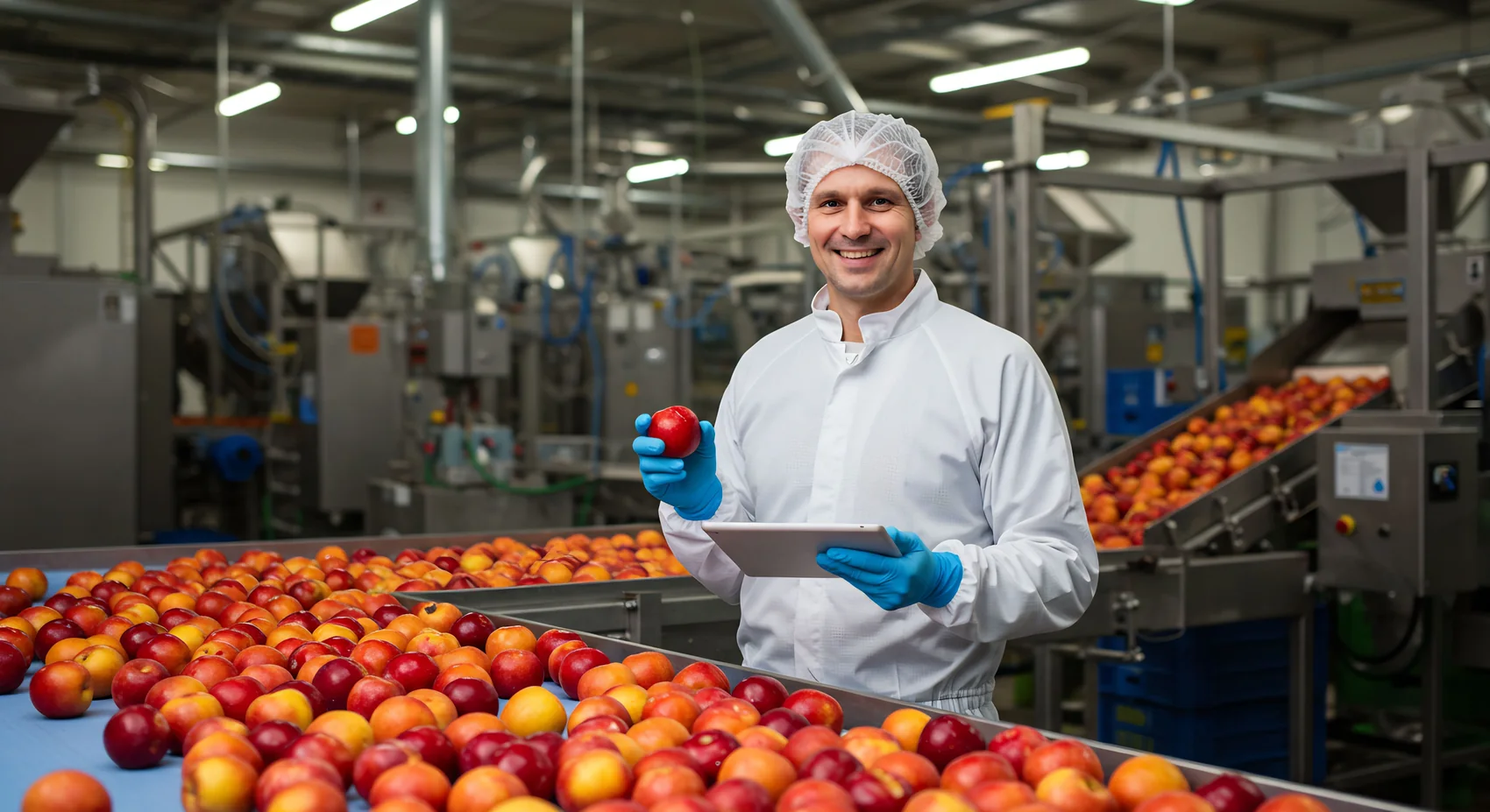 Quality assurance inspector checking fruit on a processing line while recording results on a tablet
