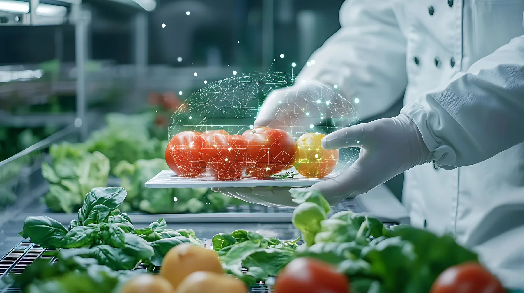 Gloved hands holding a tray of tomatoes overlaid with a digital traceability network